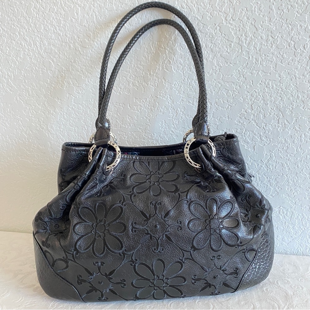 Brighton black leather floral embroidered bag